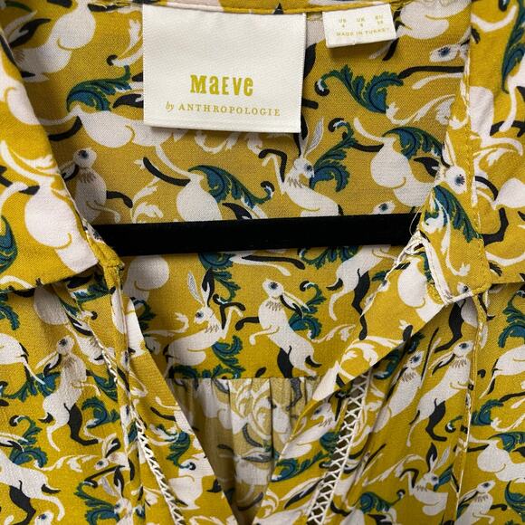 Maeve by Anthropologie Janie Flounced Peasant Blouse Yellow Rabbit Print Size 4 - Picture 6 of 8